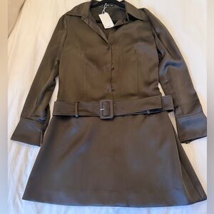 Mango Khaki Green Long Sleeve Satin Belted Dress